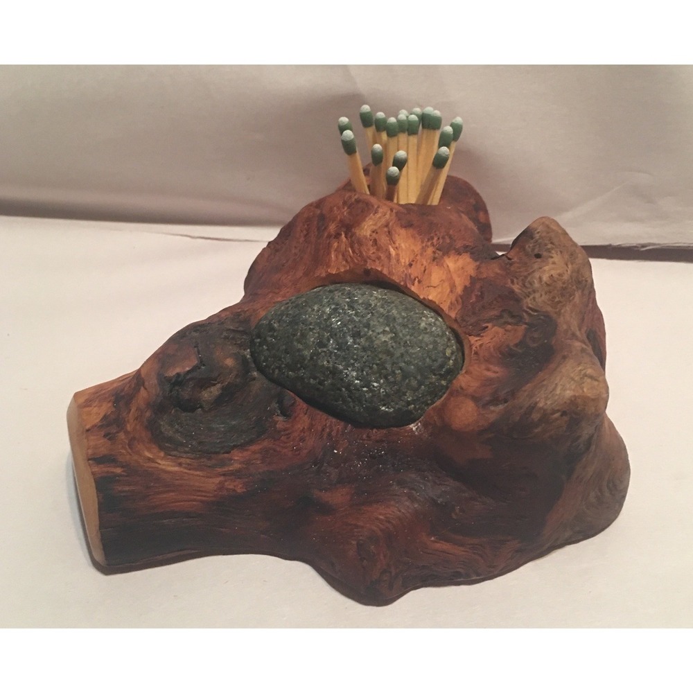 Primitive Alder Wood Match Holder Flint‎ Stone Lighter Folk Art Cottage Core